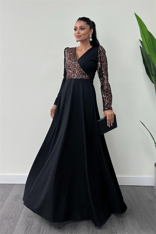 فستان من قماش الكريب مزين بالترتر - برونزية