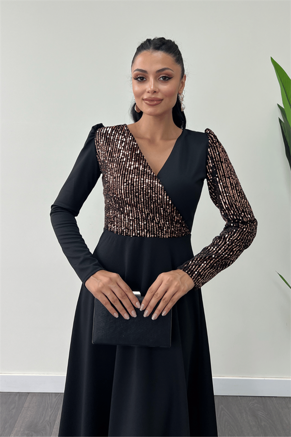 فستان من قماش الكريب مزين بالترتر - برونزية