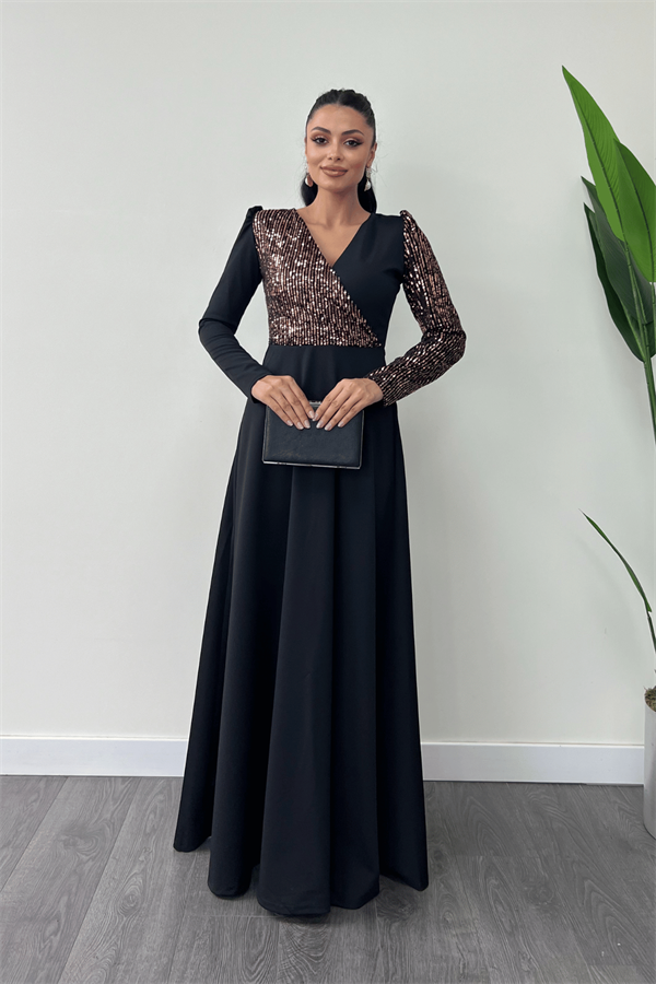 فستان من قماش الكريب مزين بالترتر - برونزية