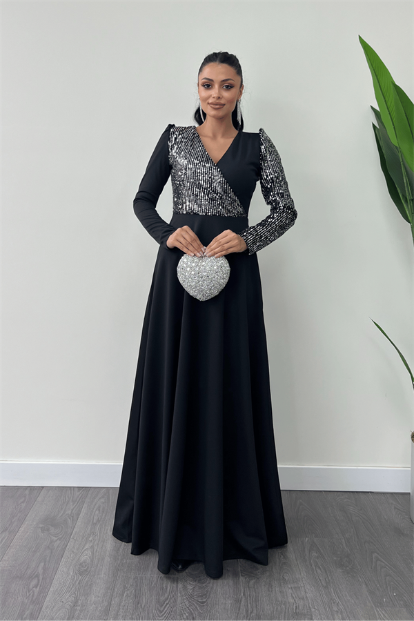 فستان من قماش الكريب مزين بالترتر - فضة