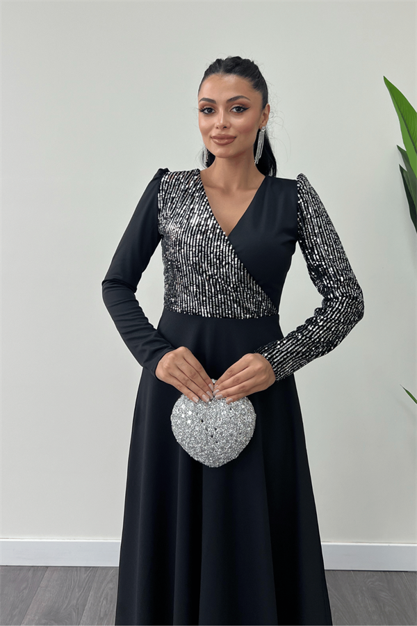 فستان من قماش الكريب مزين بالترتر - فضة