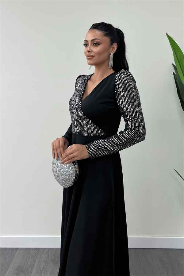 فستان من قماش الكريب مزين بالترتر - فضة