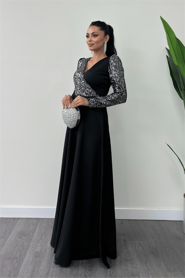 فستان من قماش الكريب مزين بالترتر - فضة