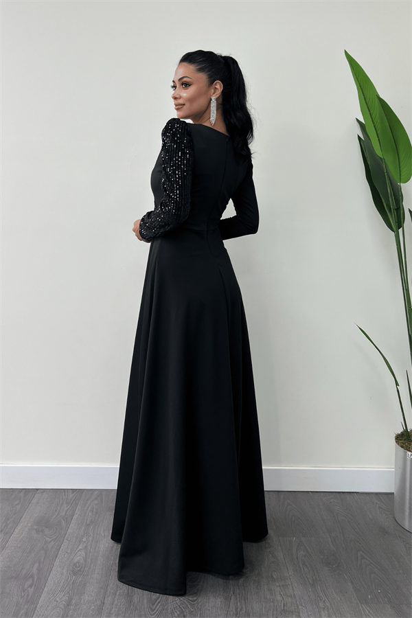 فستان من قماش الكريب مزين بالترتر - الأسود