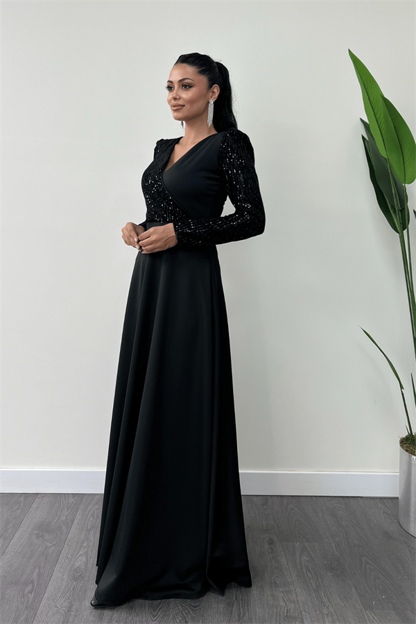 فستان من قماش الكريب مزين بالترتر - الأسود