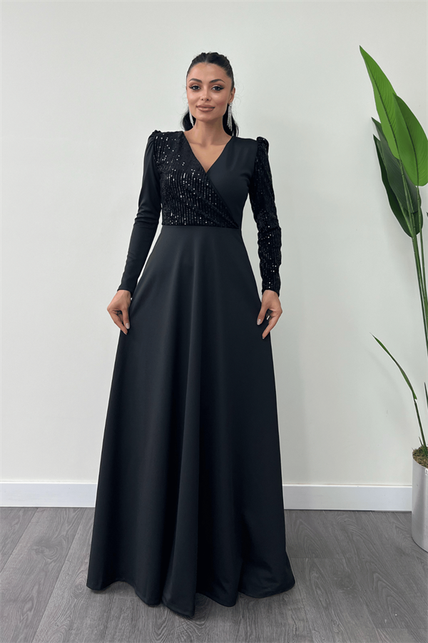 فستان من قماش الكريب مزين بالترتر - الأسود