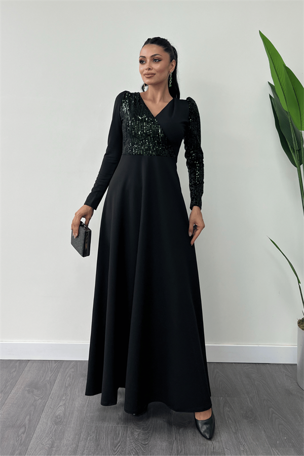 Krep Kumaş Payet Detaylı Elbise - ZÜMRÜT YEŞİL