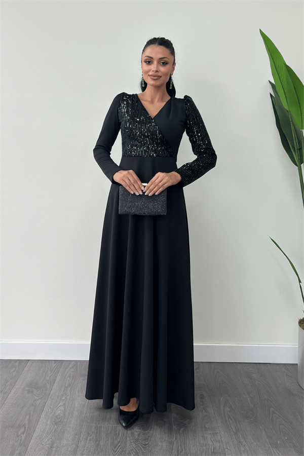 Krep Kumaş Payet Detaylı Elbise - ZÜMRÜT YEŞİL