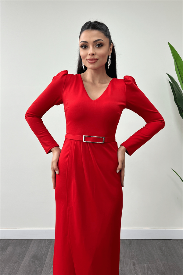 İthal Krep Kumaş Pile Detaylı Elbise - KIRMIZI