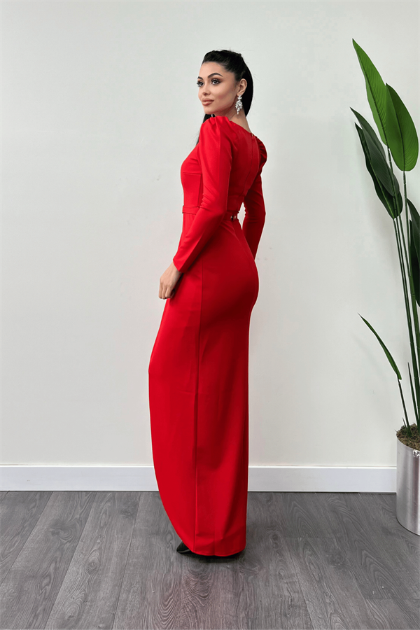 İthal Krep Kumaş Pile Detaylı Elbise - KIRMIZI