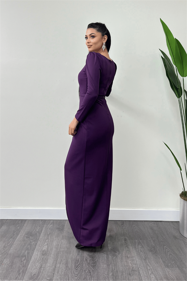 İthal Krep Kumaş Pile Detaylı Elbise - PATLICAN MOR