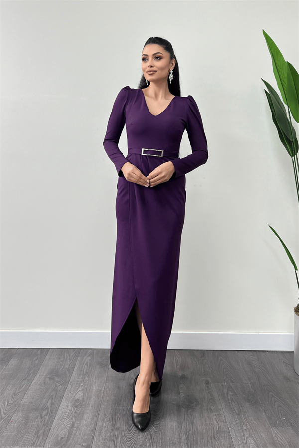 İthal Krep Kumaş Pile Detaylı Elbise - PATLICAN MOR