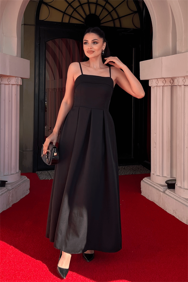 Krep Kumaş Pile Detaylı Elbise - SİYAH