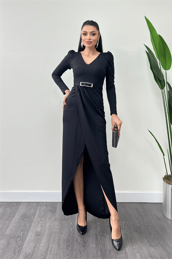 İthal Krep Kumaş Pile Detaylı Elbise - SİYAH