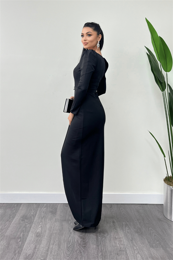 İthal Krep Kumaş Pile Detaylı Elbise - SİYAH