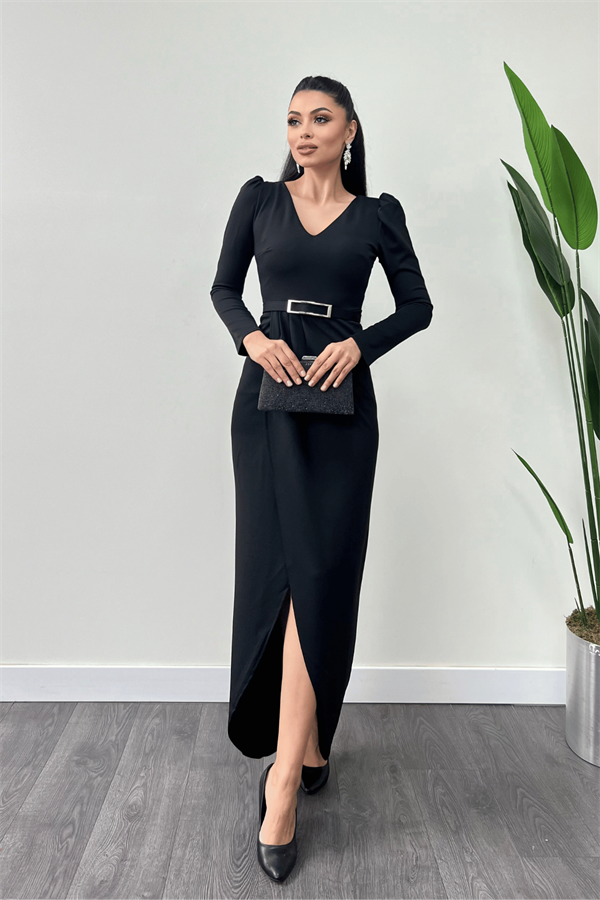 İthal Krep Kumaş Pile Detaylı Elbise - SİYAH