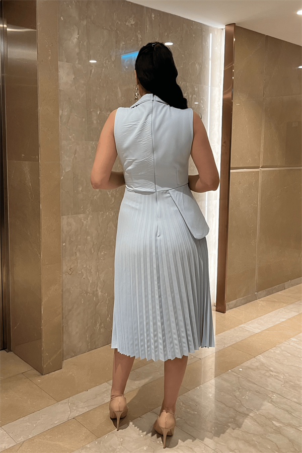 Krep Kumaş Plise Detaylı Elbise - BEBE MAVİSİ
