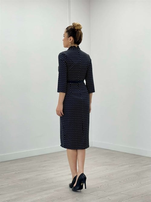 Crepe Fabric Polka Dot Lace Detailed Pencil Dress - Black