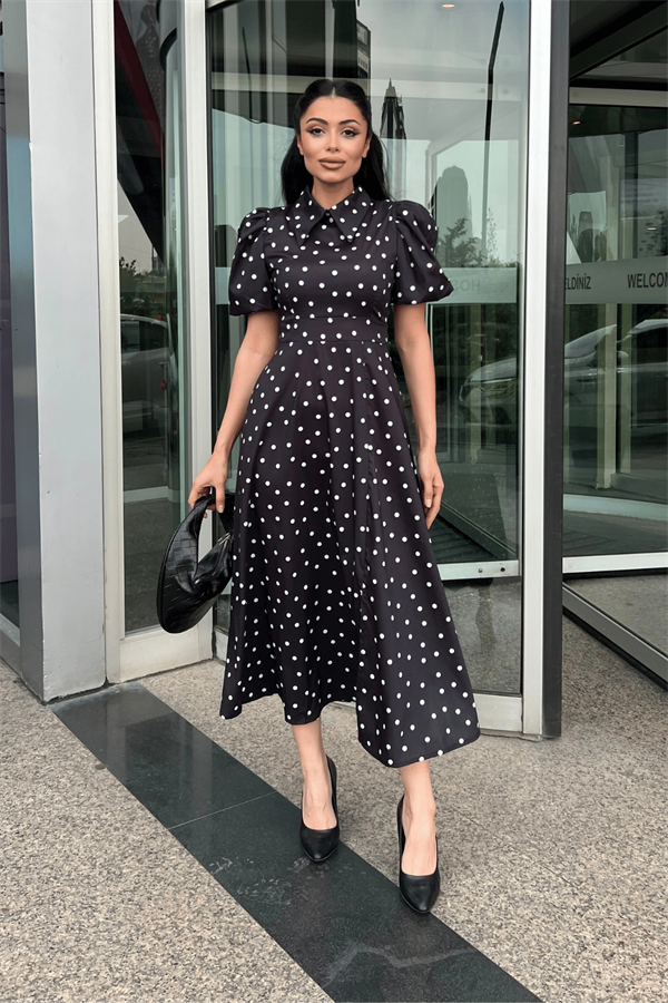 Krep Kumaş Puantiye Detaylı Balon Kol Elbise - SİYAH