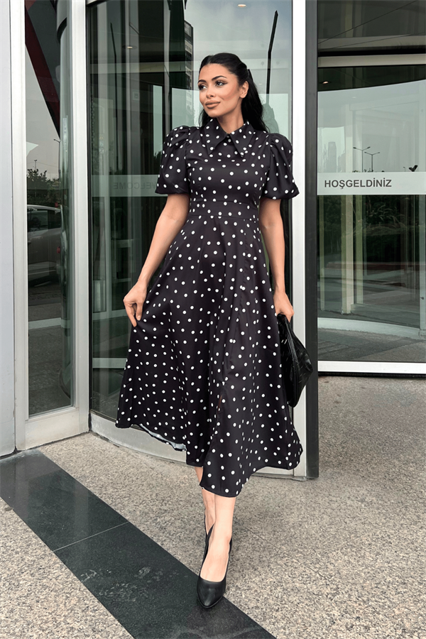 Krep Kumaş Puantiye Detaylı Balon Kol Elbise - SİYAH