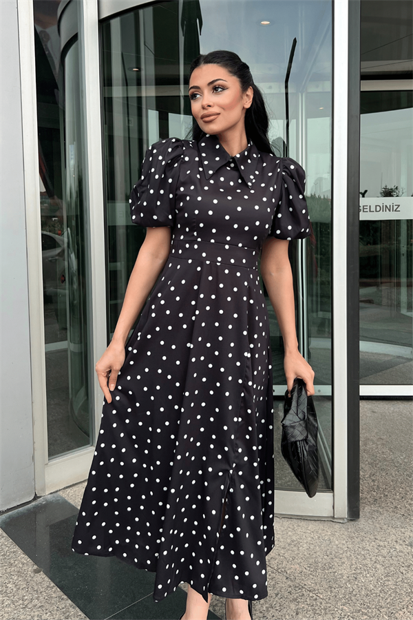 Krep Kumaş Puantiye Detaylı Balon Kol Elbise - SİYAH
