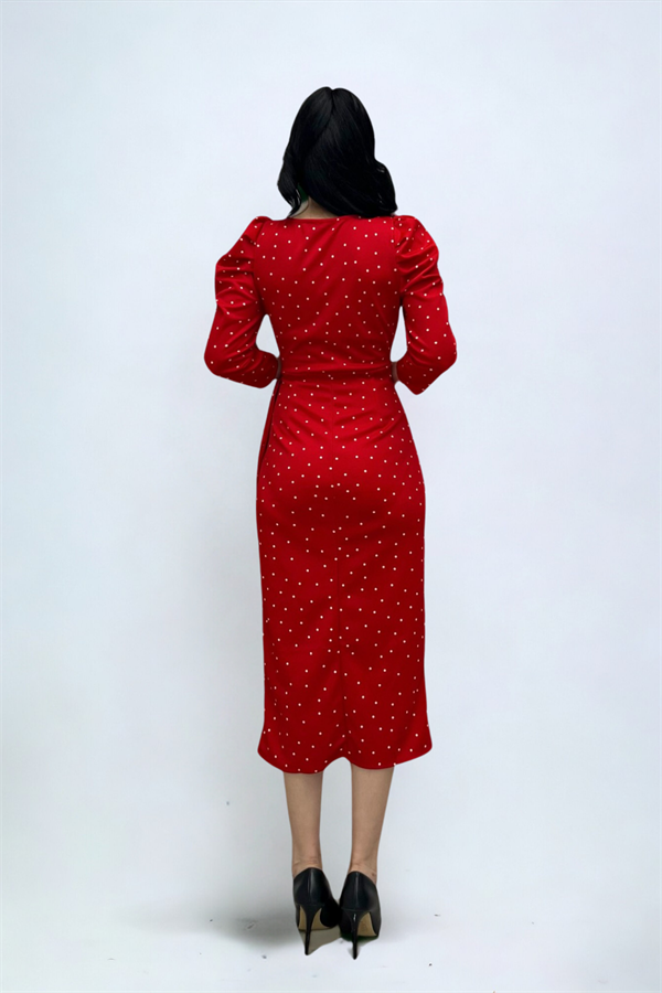 Krep Kumaş Puantiye Detaylı Kalem Elbise - KIRMIZI