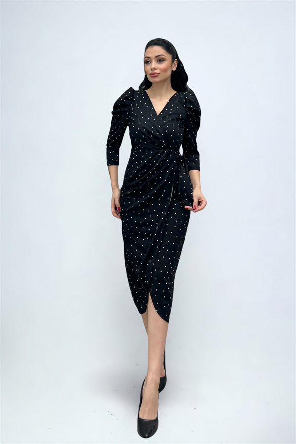 Krep Kumaş Puantiye Detaylı Kalem Elbise - SİYAH