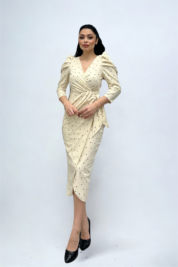 Krep Kumaş Puantiye Detaylı Kalem Elbise - KREM