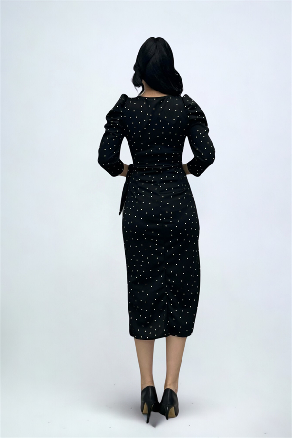 Krep Kumaş Puantiye Detaylı Kalem Elbise - SİYAH