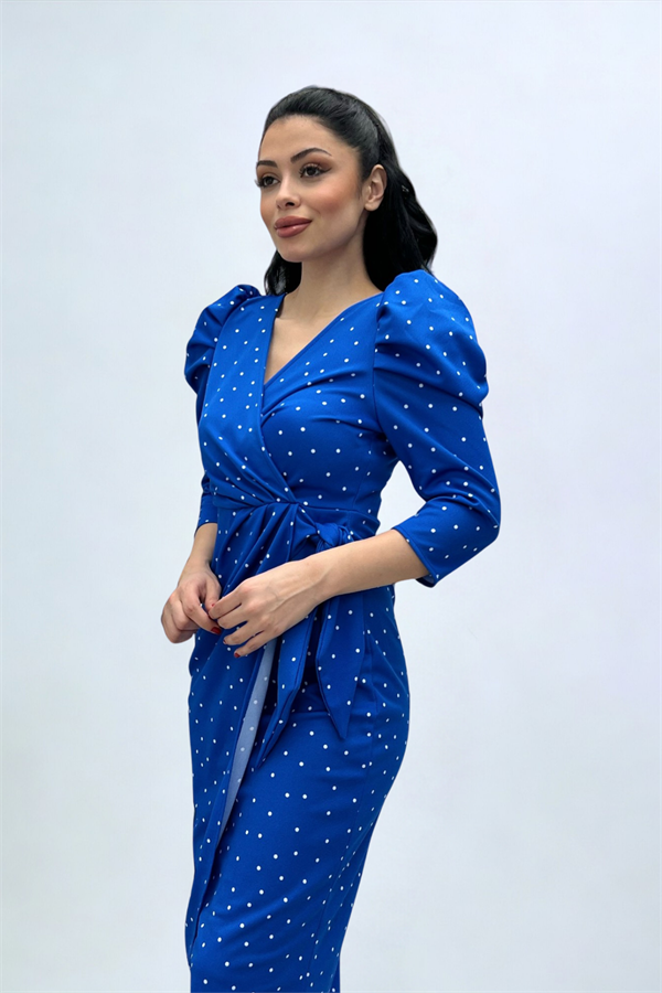 Krep Kumaş Puantiye Detaylı Kalem Elbise - SAKS MAVİ