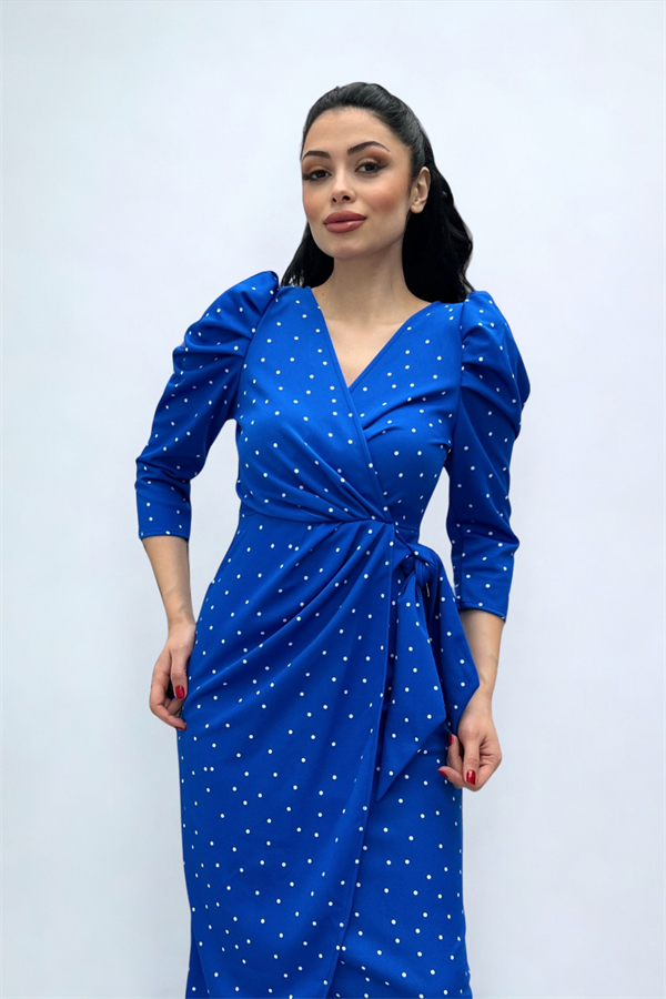 Krep Kumaş Puantiye Detaylı Kalem Elbise - SAKS MAVİ