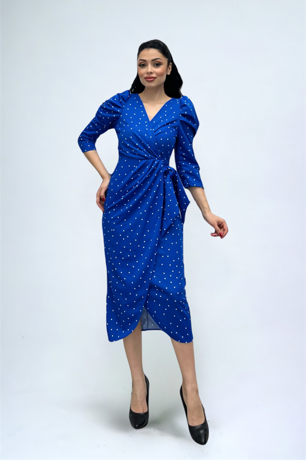 Krep Kumaş Puantiye Detaylı Kalem Elbise - SAKS MAVİ