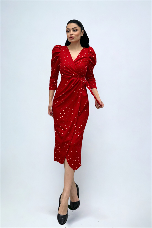 Krep Kumaş Puantiye Detaylı Kalem Elbise - KIRMIZI