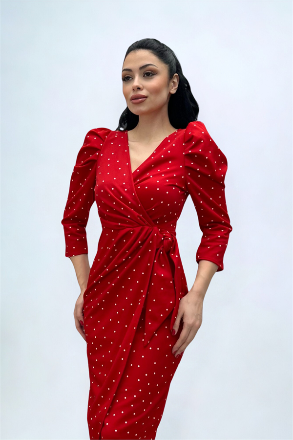 Krep Kumaş Puantiye Detaylı Kalem Elbise - KIRMIZI