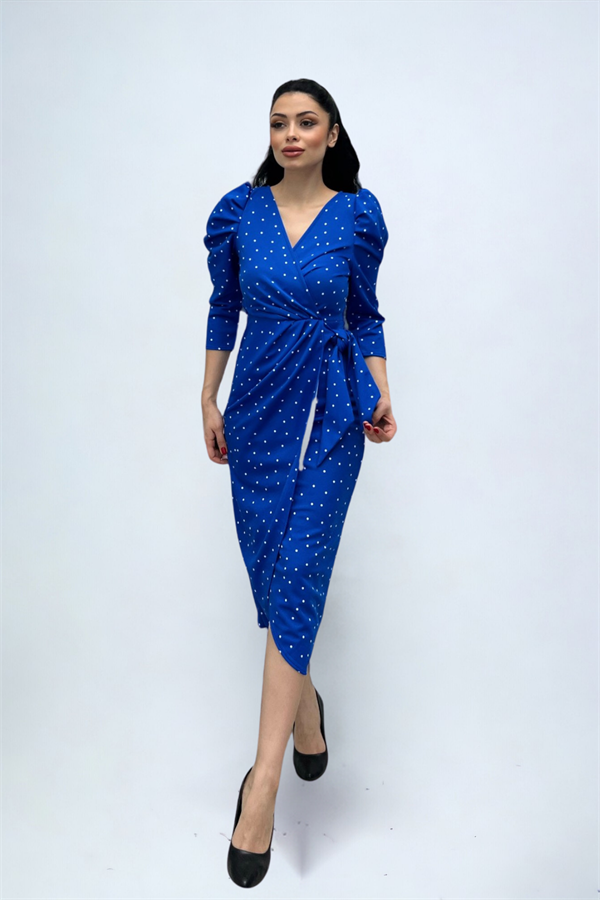 Krep Kumaş Puantiye Detaylı Kalem Elbise - SAKS MAVİ