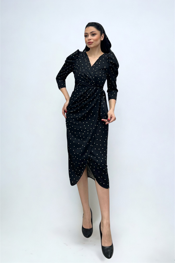 Krep Kumaş Puantiye Detaylı Kalem Elbise - SİYAH