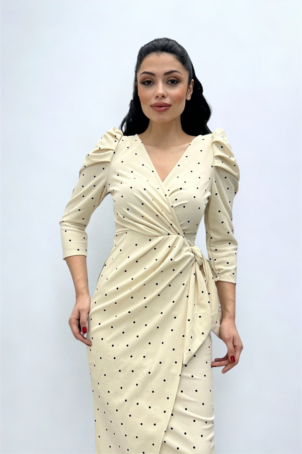 Krep Kumaş Puantiye Detaylı Kalem Elbise - KREM