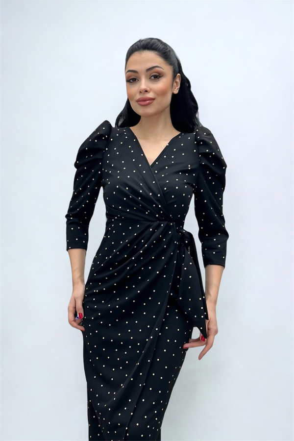 Krep Kumaş Puantiye Detaylı Kalem Elbise - SİYAH