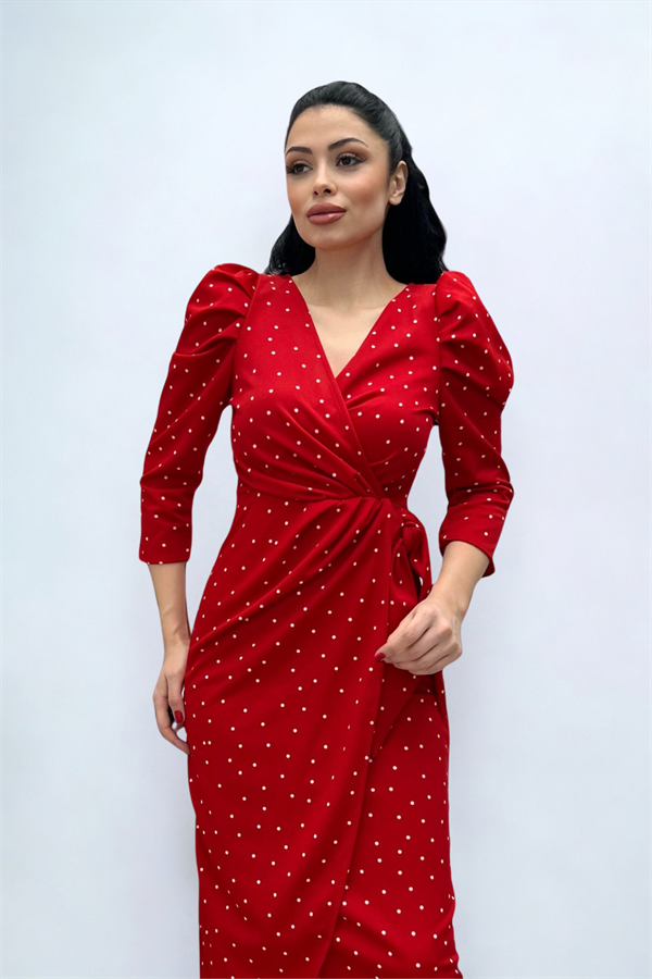 Krep Kumaş Puantiye Detaylı Kalem Elbise - KIRMIZI