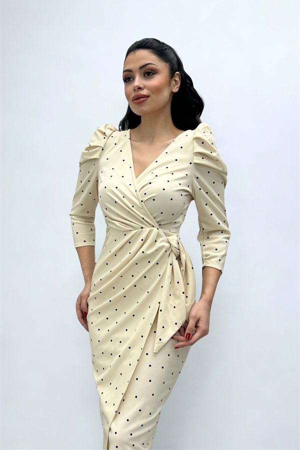 Krep Kumaş Puantiye Detaylı Kalem Elbise - KREM