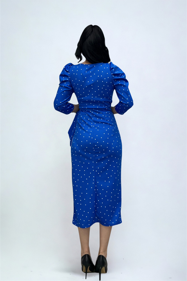 Krep Kumaş Puantiye Detaylı Kalem Elbise - SAKS MAVİ