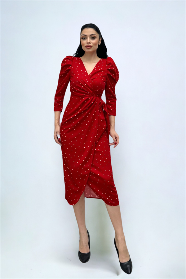 Krep Kumaş Puantiye Detaylı Kalem Elbise - KIRMIZI