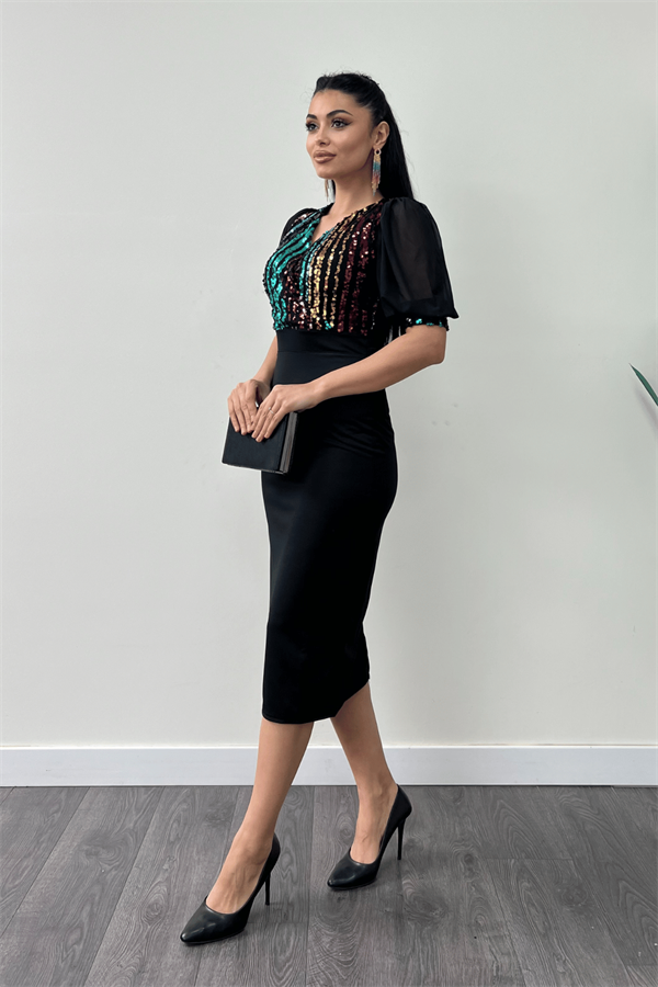 Krep Kumaş Renkli Payet Detaylı Kalem Elbise - SİYAH