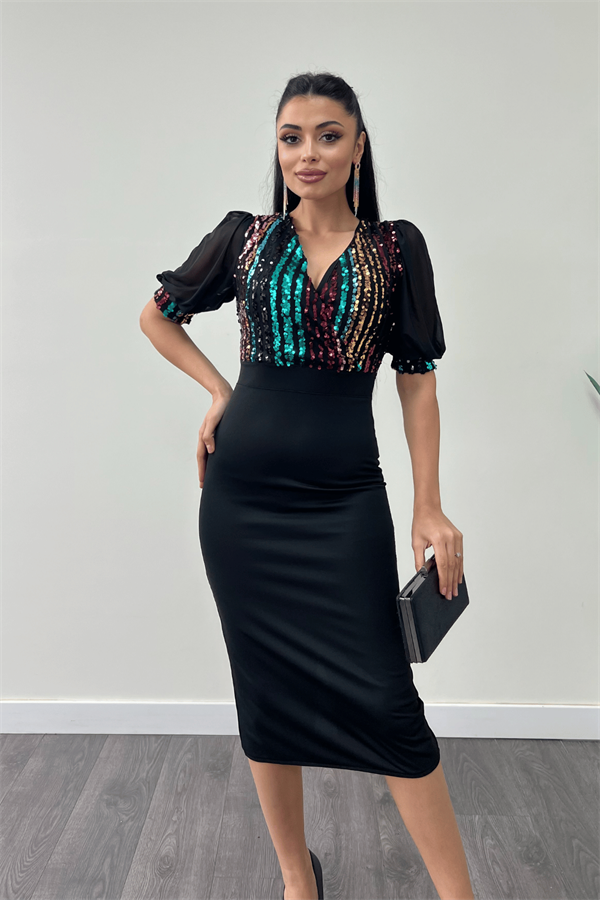 Krep Kumaş Renkli Payet Detaylı Kalem Elbise - SİYAH