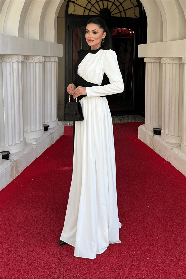 Krep Kumaş Şifon Tasarım Pile Detaylı Abiye Elbise - SİYAH