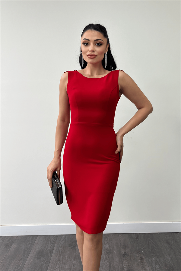 Krep Kumaş Sırt Boncuk Detaylı Kalem Elbise - KIRMIZI