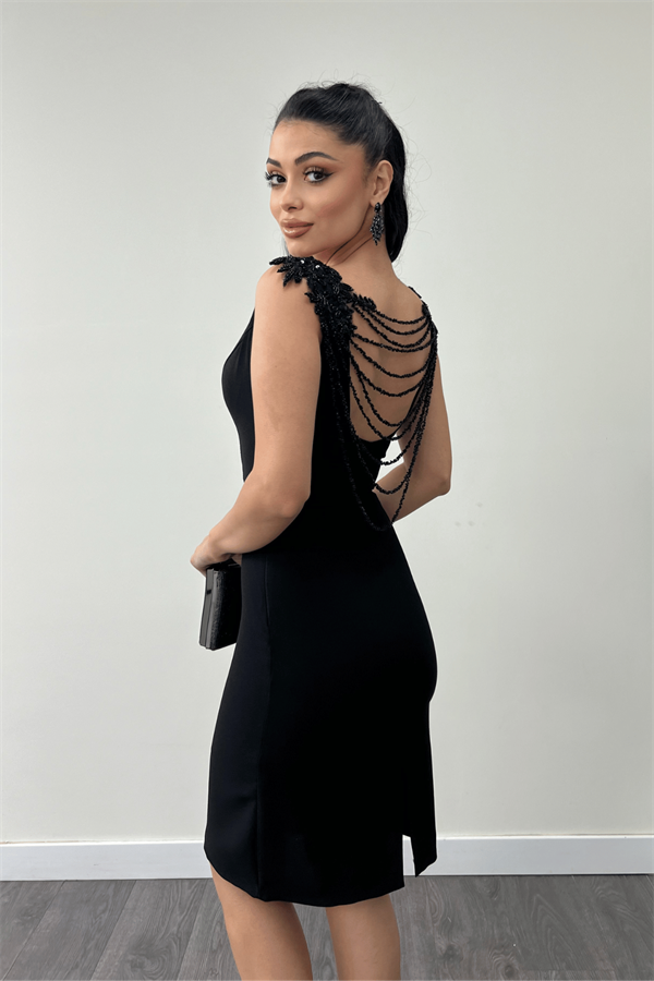 Krep Kumaş Sırt Boncuk Detaylı Kalem Elbise - SİYAH