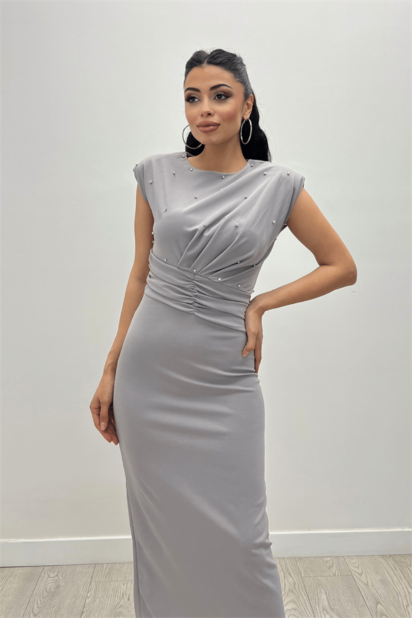 Krep Kumaş İnci Detaylı Kalem Elbise - GRİ