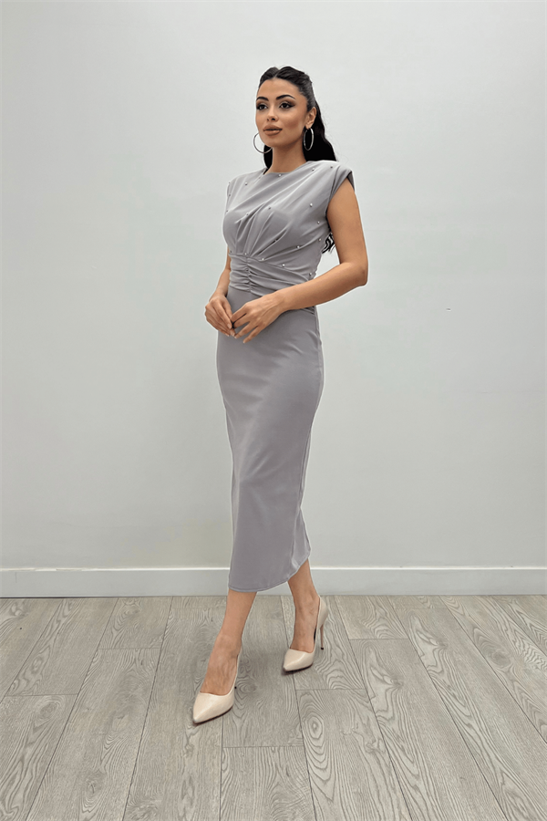 Krep Kumaş İnci Detaylı Kalem Elbise - GRİ