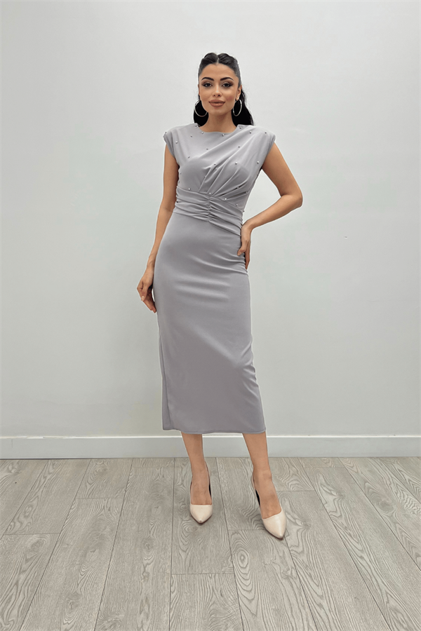 Krep Kumaş İnci Detaylı Kalem Elbise - GRİ